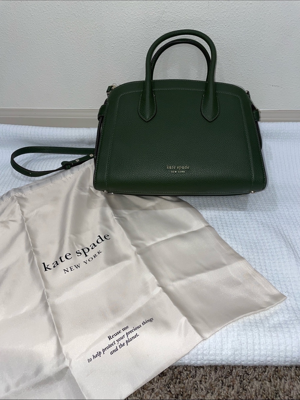 kate spade dark green leather satchel with adjustable strap